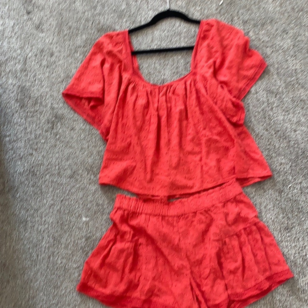 Anthropologie Red Eyelet Shorts Set